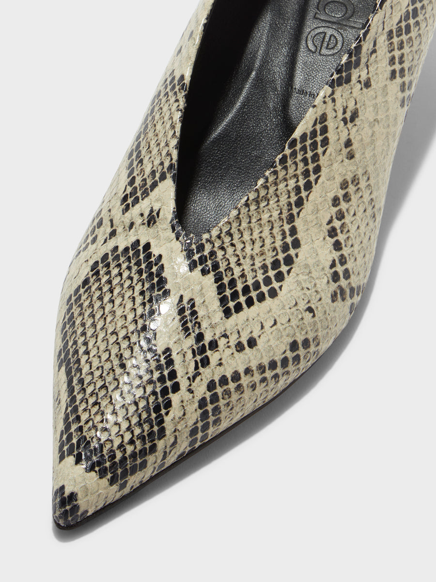 Aeyde | Clara Leather Pumps for Women | Creamy Snake | Pointed Toe | Low Heel | Heel Details