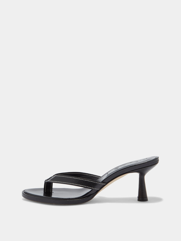 Aeyde | Daphne Leather Heeled Sandals for Women | Black Nappa | Round Toe | High Heel | Side View [x=50,y=85]