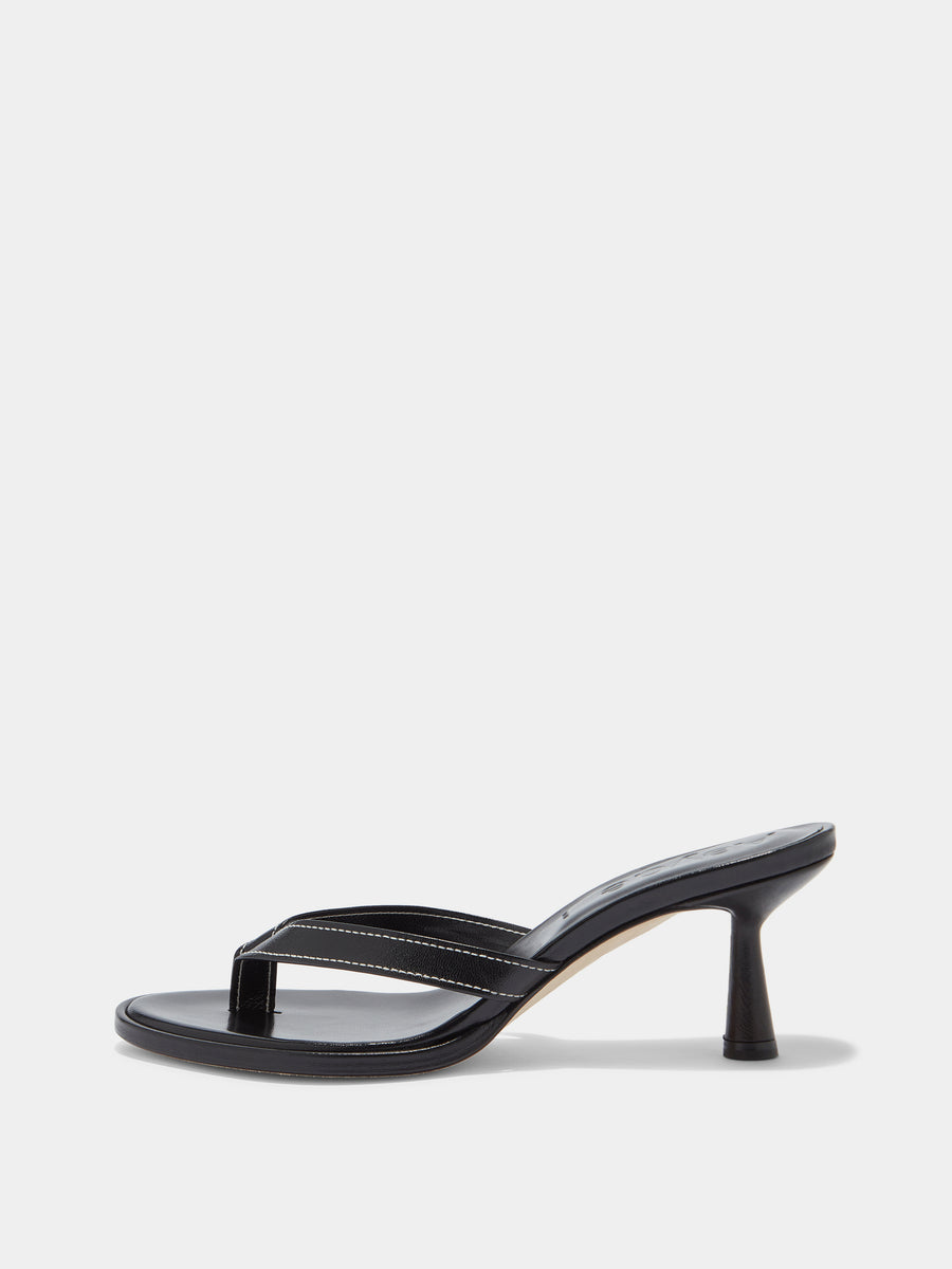 Aeyde | Daphne Leather Heeled Sandals for Women | Black Nappa | Round Toe | High Heel | Side View [x=50,y=85]