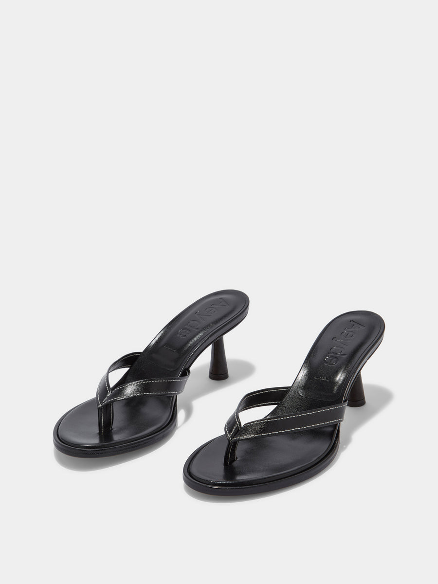 Aeyde | Daphne Leather Heeled Sandals for Women | Black Nappa | Round Toe | High Heel | On Feet [x=50,y=85]
