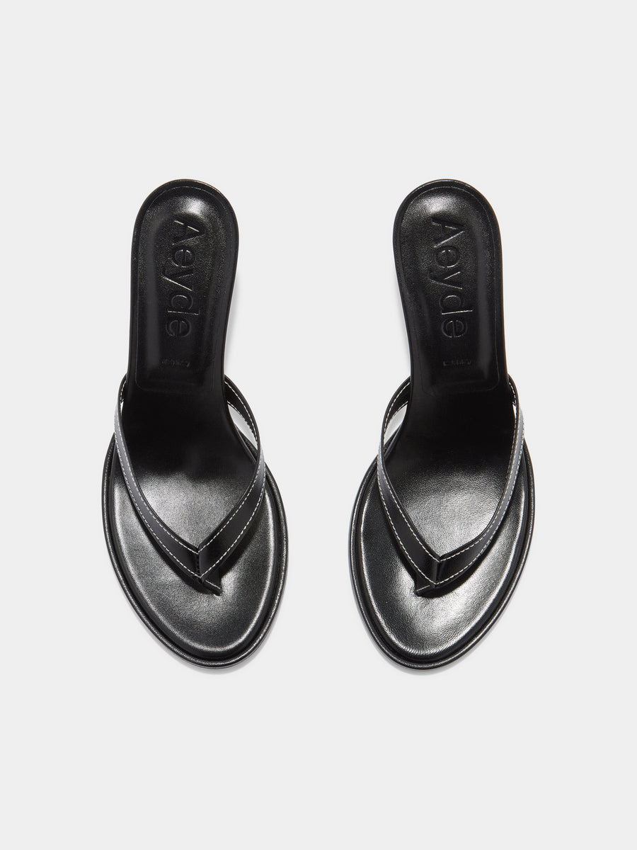 Aeyde | Daphne Leather Heeled Sandals for Women | Black Nappa | Round Toe | High Heel | Front View [x=50,y=85]