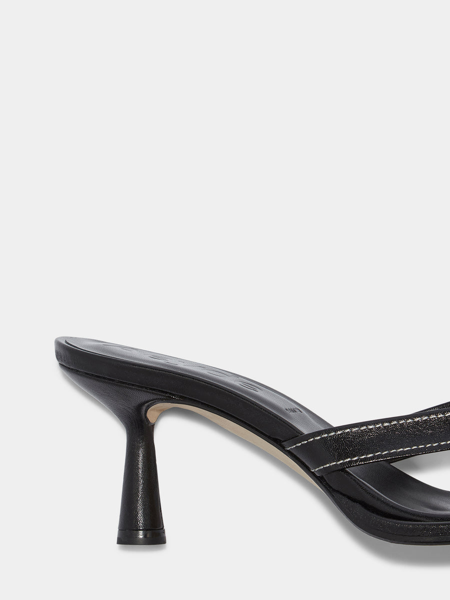 Aeyde | Daphne Leather Heeled Sandals for Women | Black Nappa | Round Toe | High Heel | Heel Details [x=50,y=85]