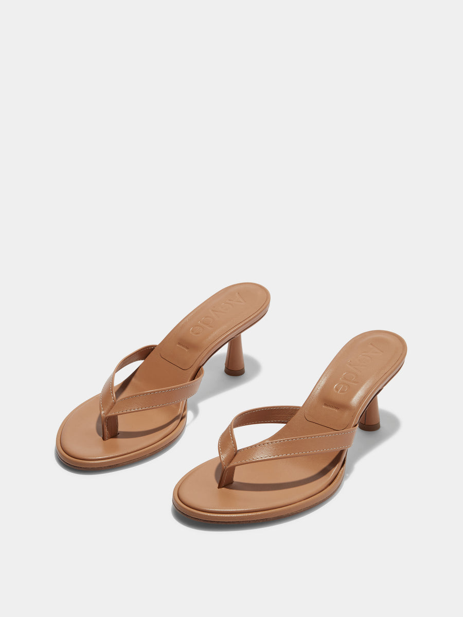 Aeyde | Daphne Leather Heeled Sandals for Women | Hazelnut Nappa | Round Toe | High Heel | On Feet [x=50,y=85]