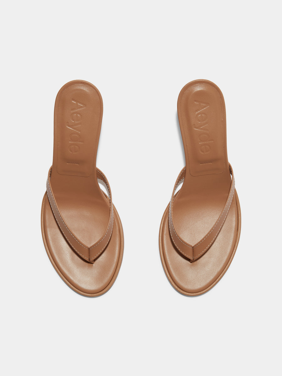 Aeyde | Daphne Leather Heeled Sandals for Women | Hazelnut Nappa | Round Toe | High Heel | Front View [x=50,y=85]