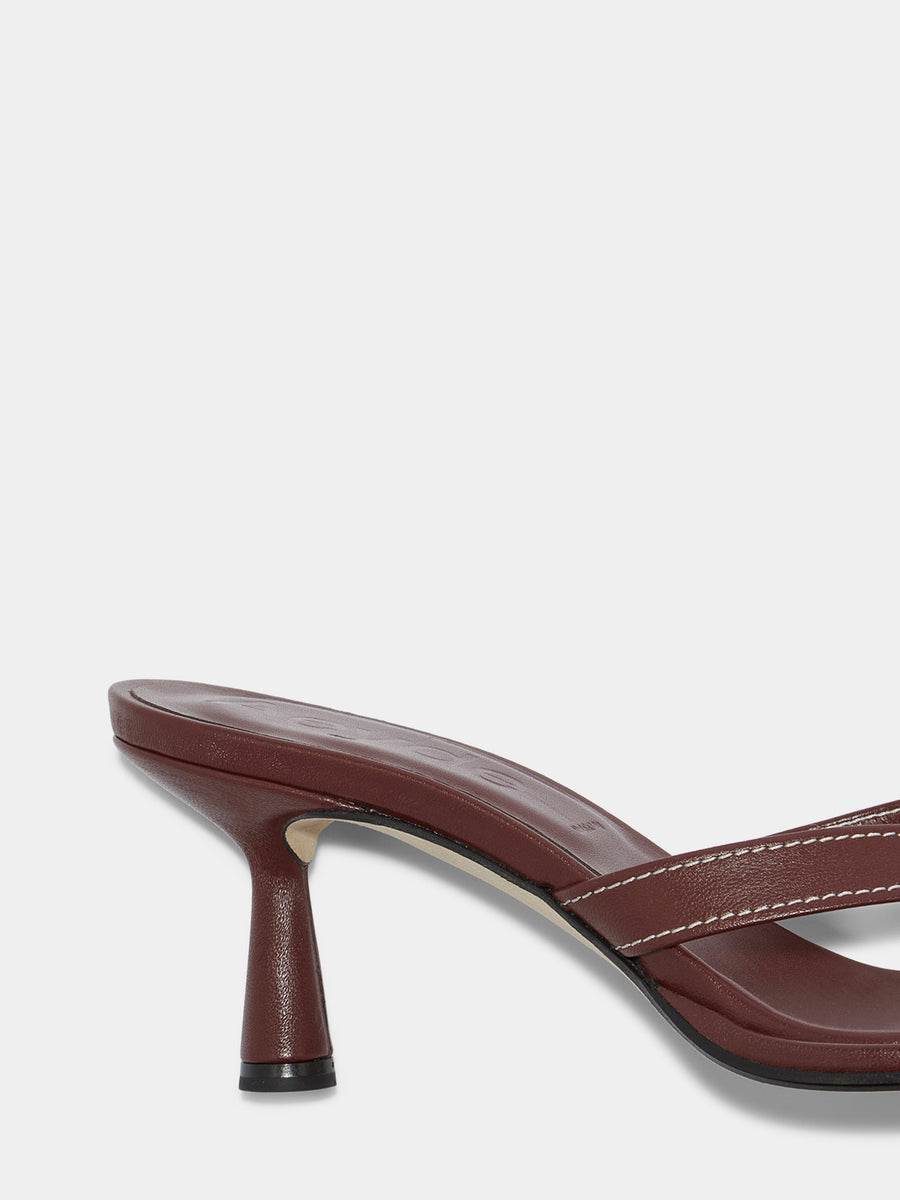 Aeyde | Daphne Leather Heeled Sandals for Women | Port Nappa | Round Toe | High Heel | Heel Details [x=50,y=85]