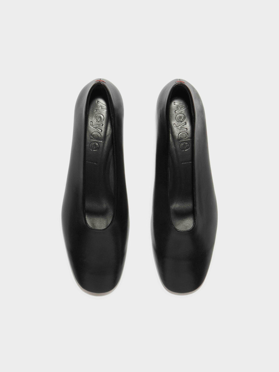 Aeyde | Delia Leather Flats for Women | Black Nappa | Round Toe | Low Heel | Front View [x=50,y=85]