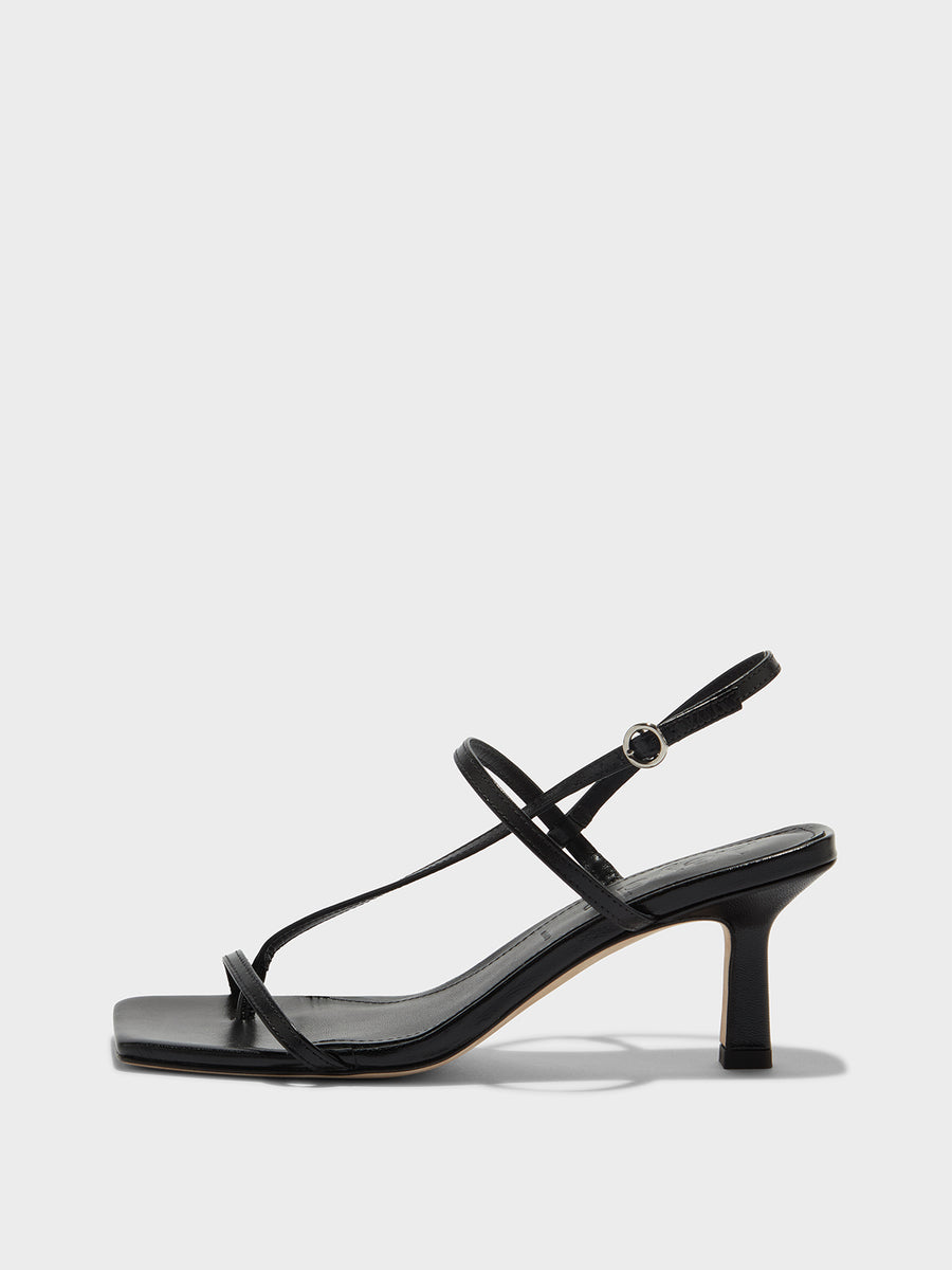 Aeyde | Elise Leather Heeled Sandals for Women | Black Nappa | Square Toe | High Heel | Side View [x=50,y=85]