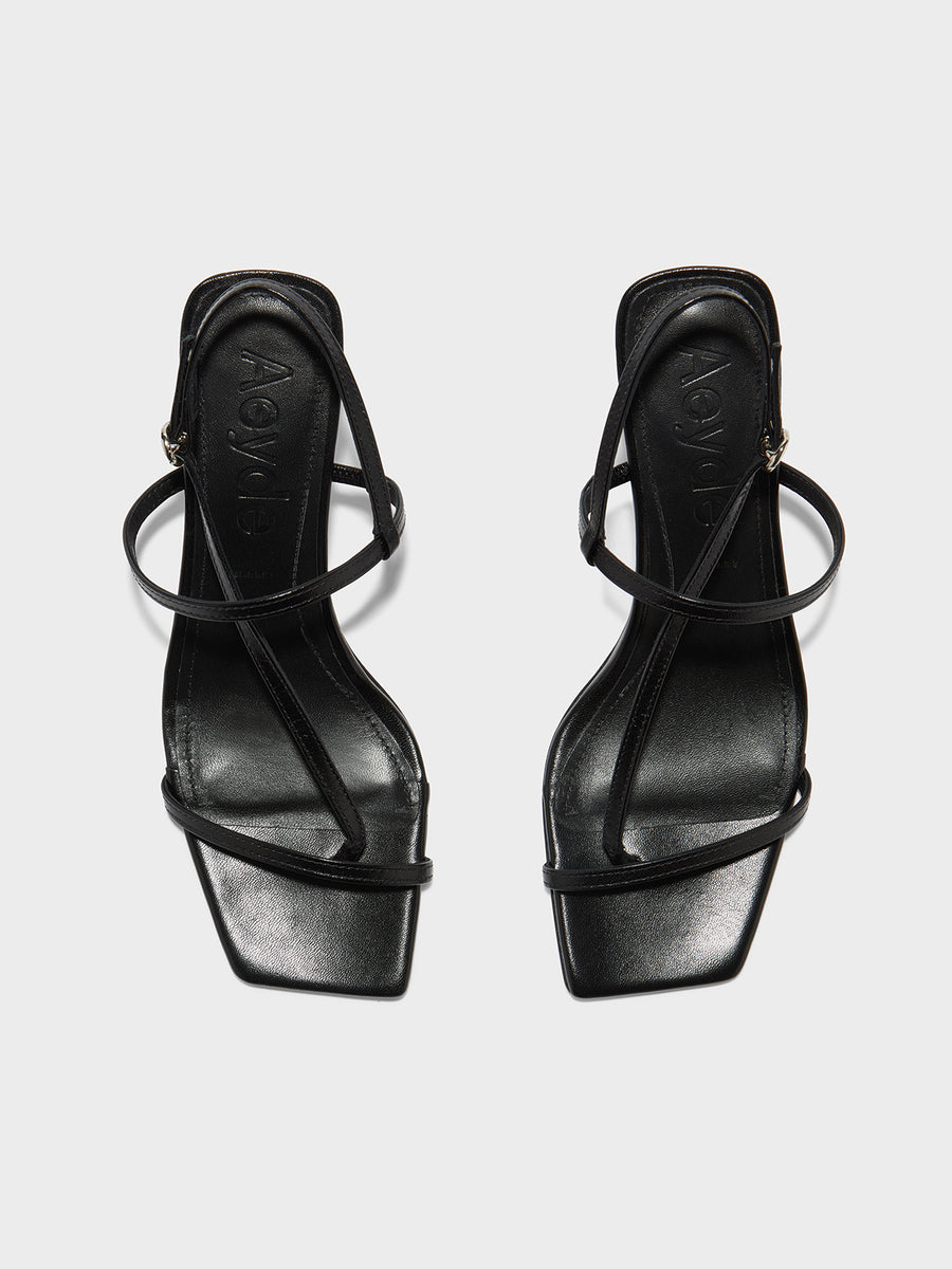 Aeyde | Elise Leather Heeled Sandals for Women | Black Nappa | Square Toe | High Heel | Front View [x=50,y=85]