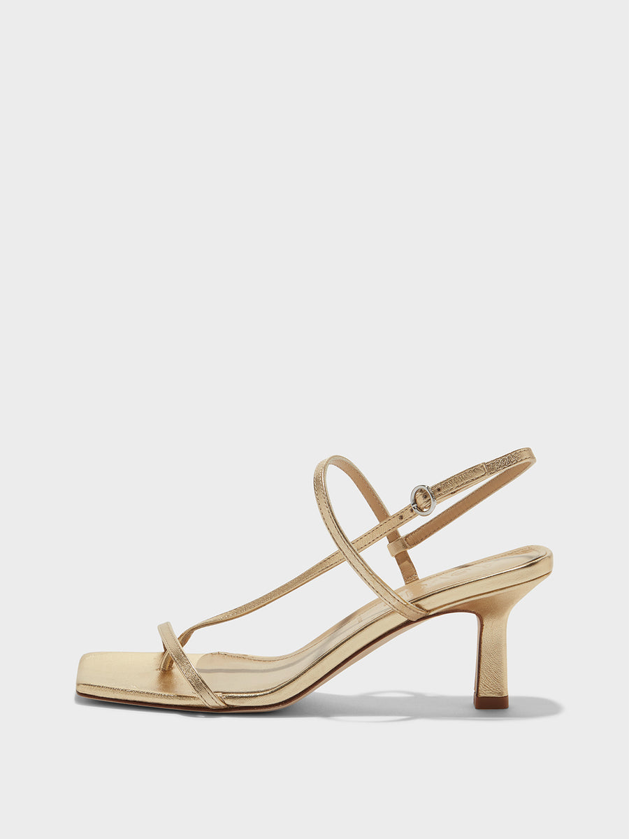 Aeyde | Elise Leather Heeled Sandals for Women | Gold Nappa | Square Toe | High Heel | Side View [x=50,y=85]