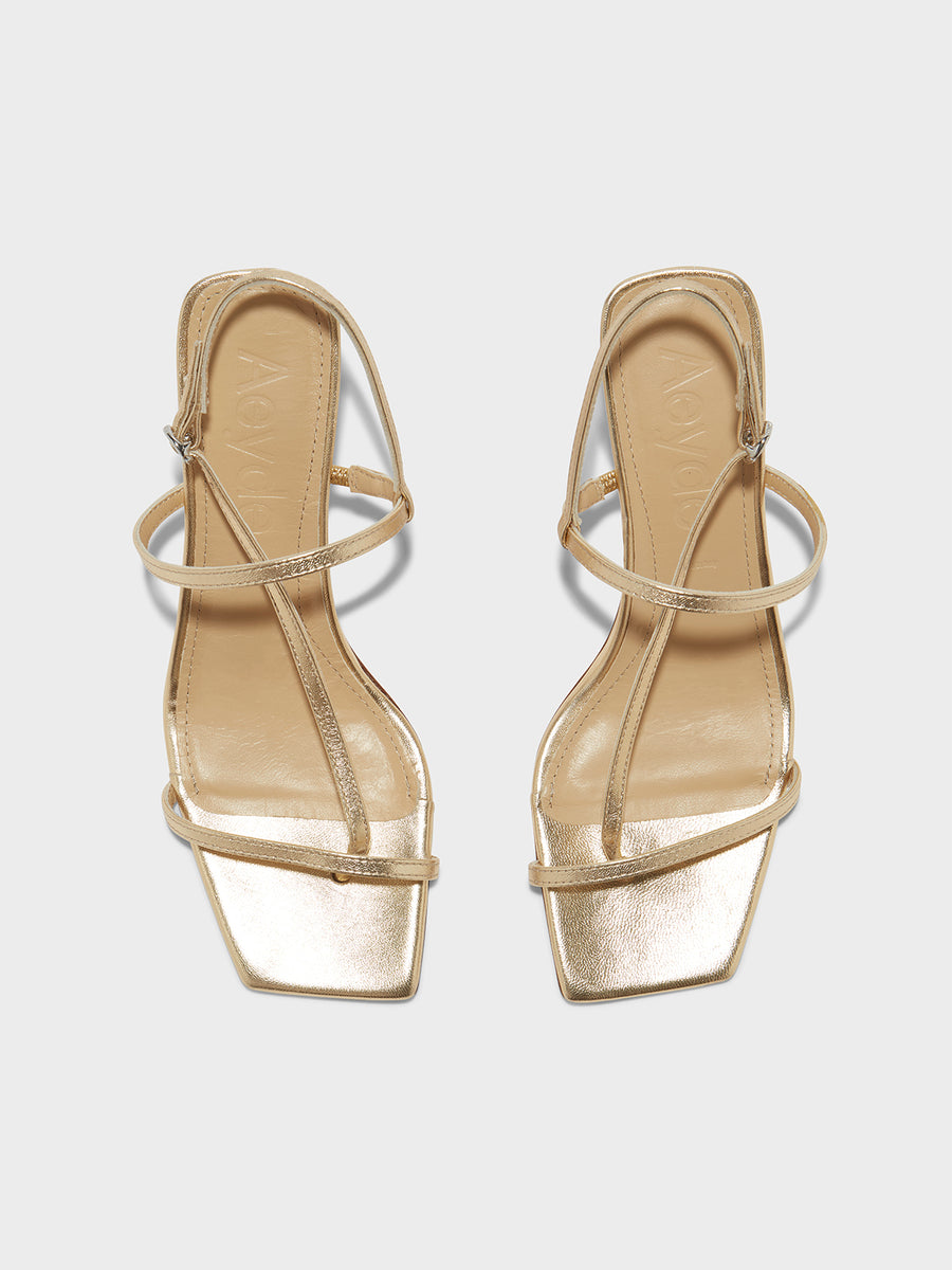 Aeyde | Elise Leather Heeled Sandals for Women | Gold Nappa | Square Toe | High Heel | Front View [x=50,y=85]