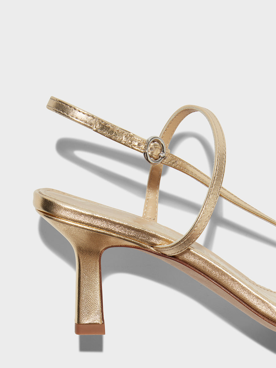 Aeyde | Elise Leather Heeled Sandals for Women | Gold Nappa | Square Toe | High Heel | Heel Details [x=50,y=85]