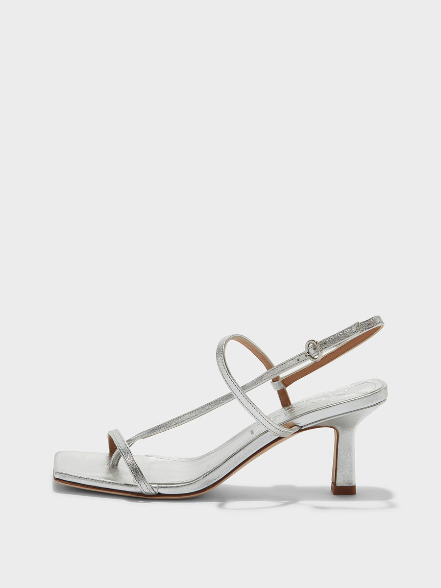 Aeyde | Elise Leather Heeled Sandals for Women | Silver Nappa | Square Toe | High Heel | Side View [x=50,y=85]