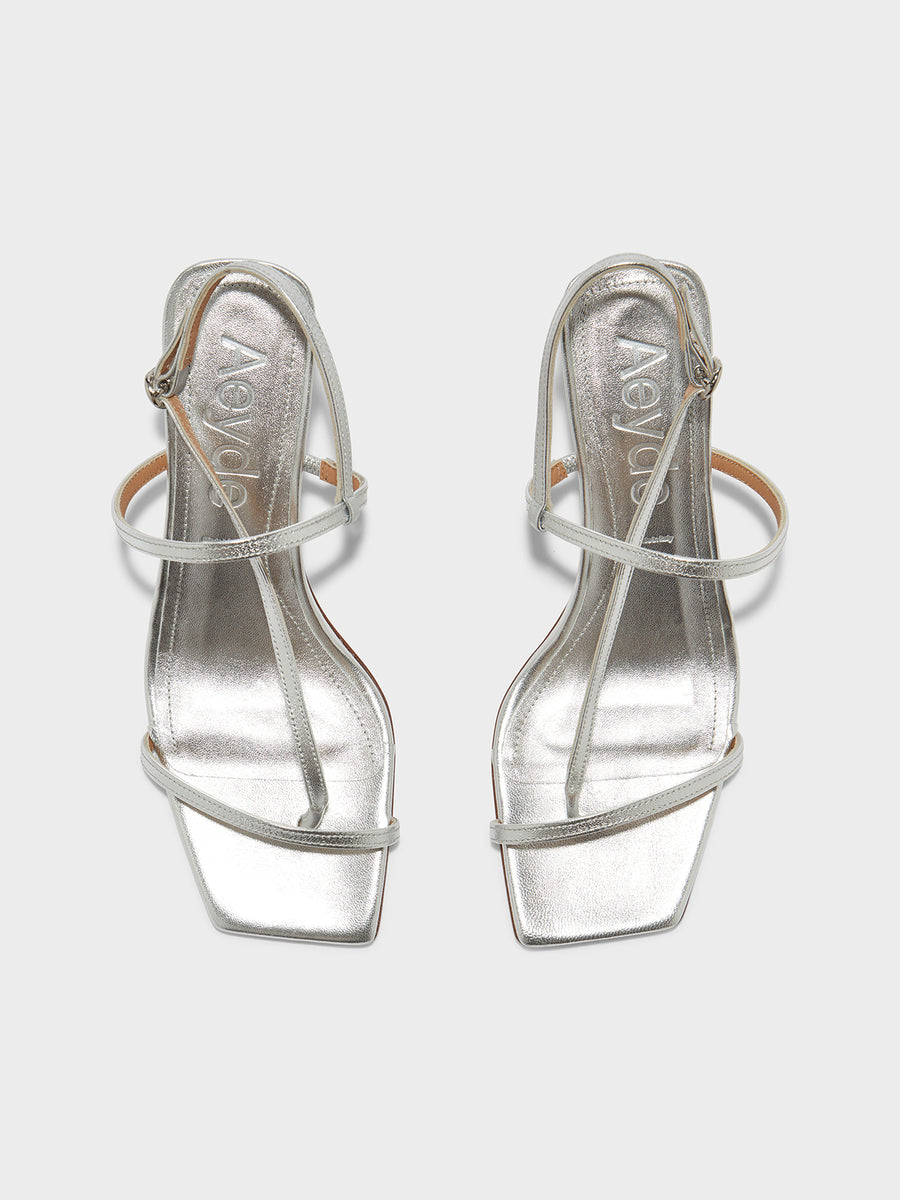 Aeyde | Elise Leather Heeled Sandals for Women | Silver Nappa | Square Toe | High Heel | Front View [x=50,y=85]