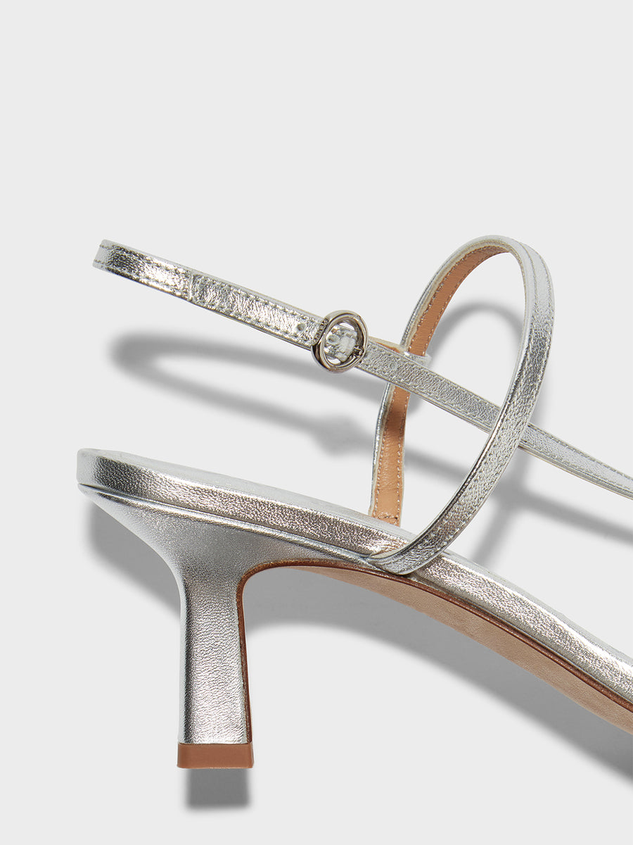 Aeyde | Elise Leather Heeled Sandals for Women | Silver Nappa | Square Toe | High Heel | Heel Details [x=50,y=85]