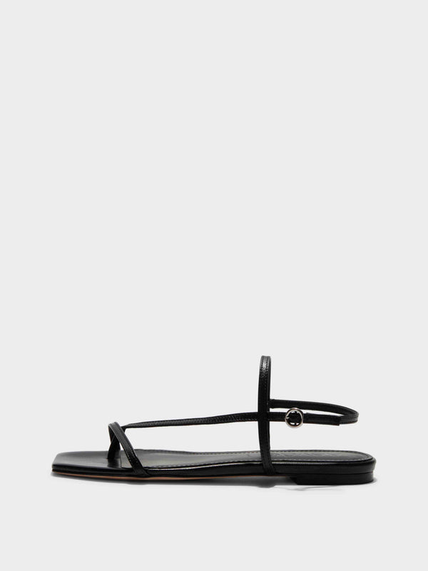 Aeyde | Ella Leather Flat Sandals for Women | Black Nappa | Square Toe | Flat Heel | Side View [x=50,y=85]
