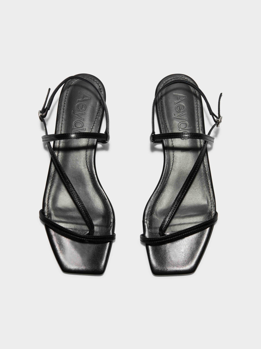 Aeyde | Ella Leather Flat Sandals for Women | Black Nappa | Square Toe | Flat Heel | Front View [x=50,y=85]