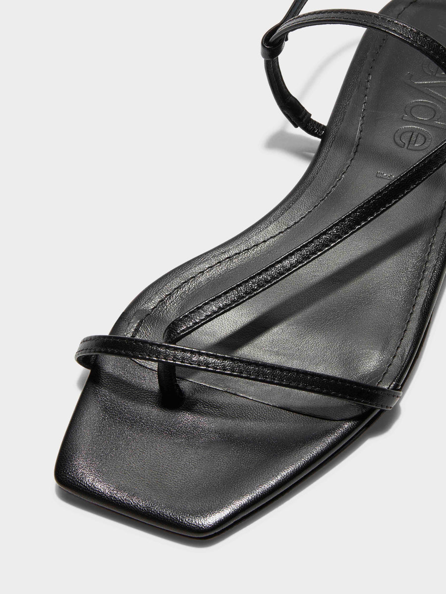 Aeyde | Ella Leather Flat Sandals for Women | Black Nappa | Square Toe | Flat Heel | Heel Details [x=50,y=85]