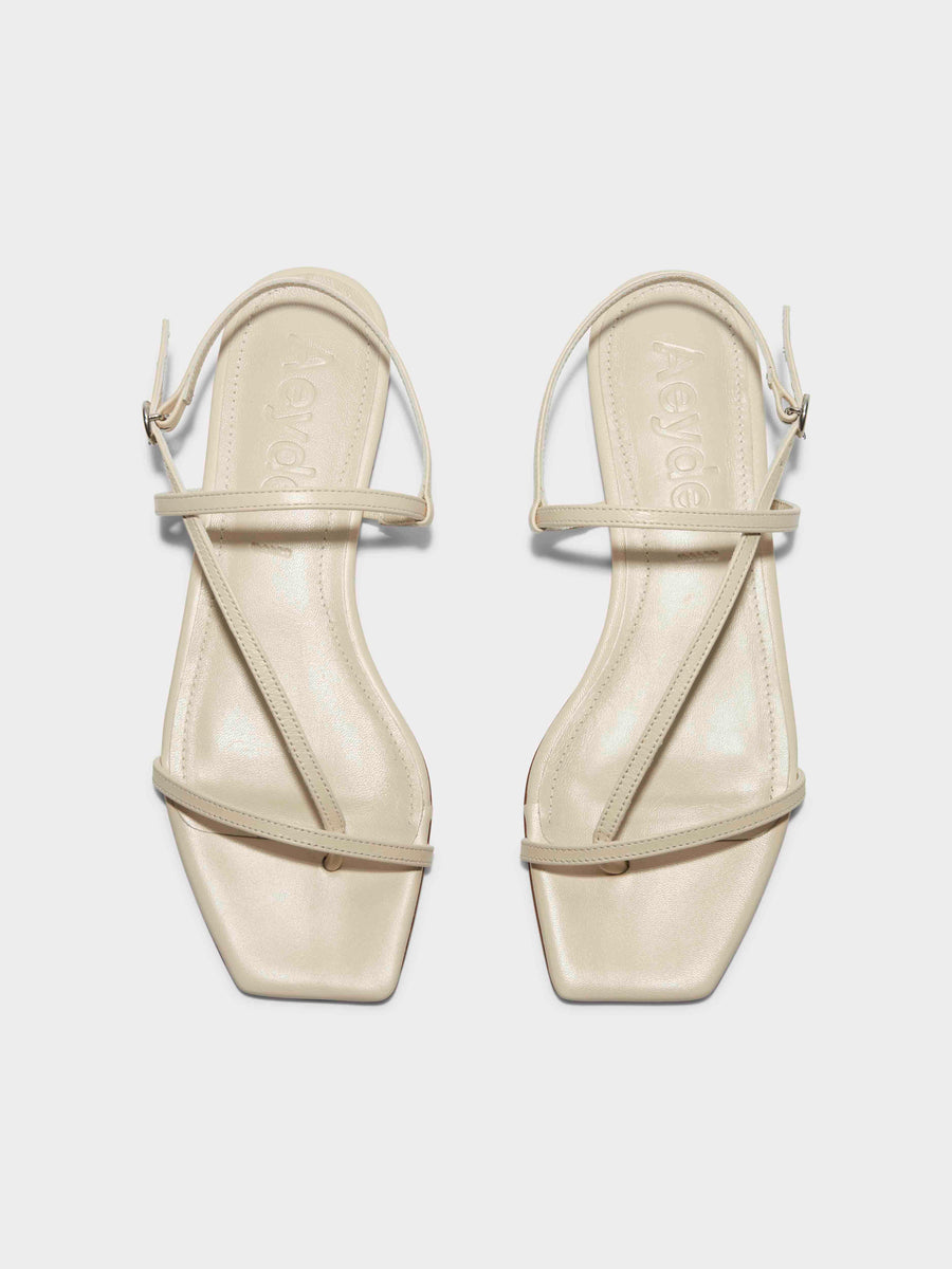Aeyde | Ella Leather Flat Sandals for Women | Creamy Nappa | Square Toe | Flat Heel | Front View [x=50,y=85]