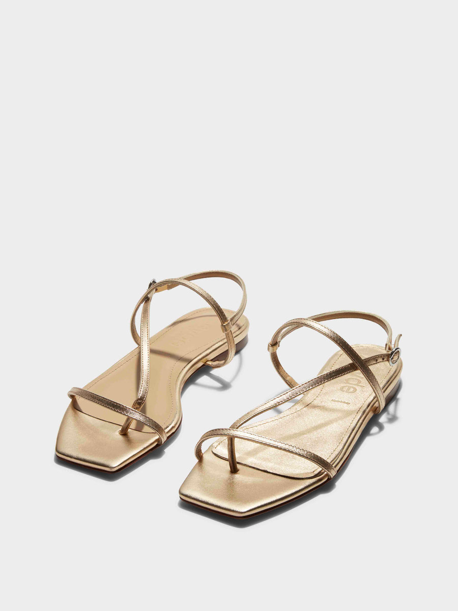 Aeyde | Ella Leather Flat Sandals for Women | Gold Nappa | Square Toe | Flat Heel | On Feet [x=50,y=85]