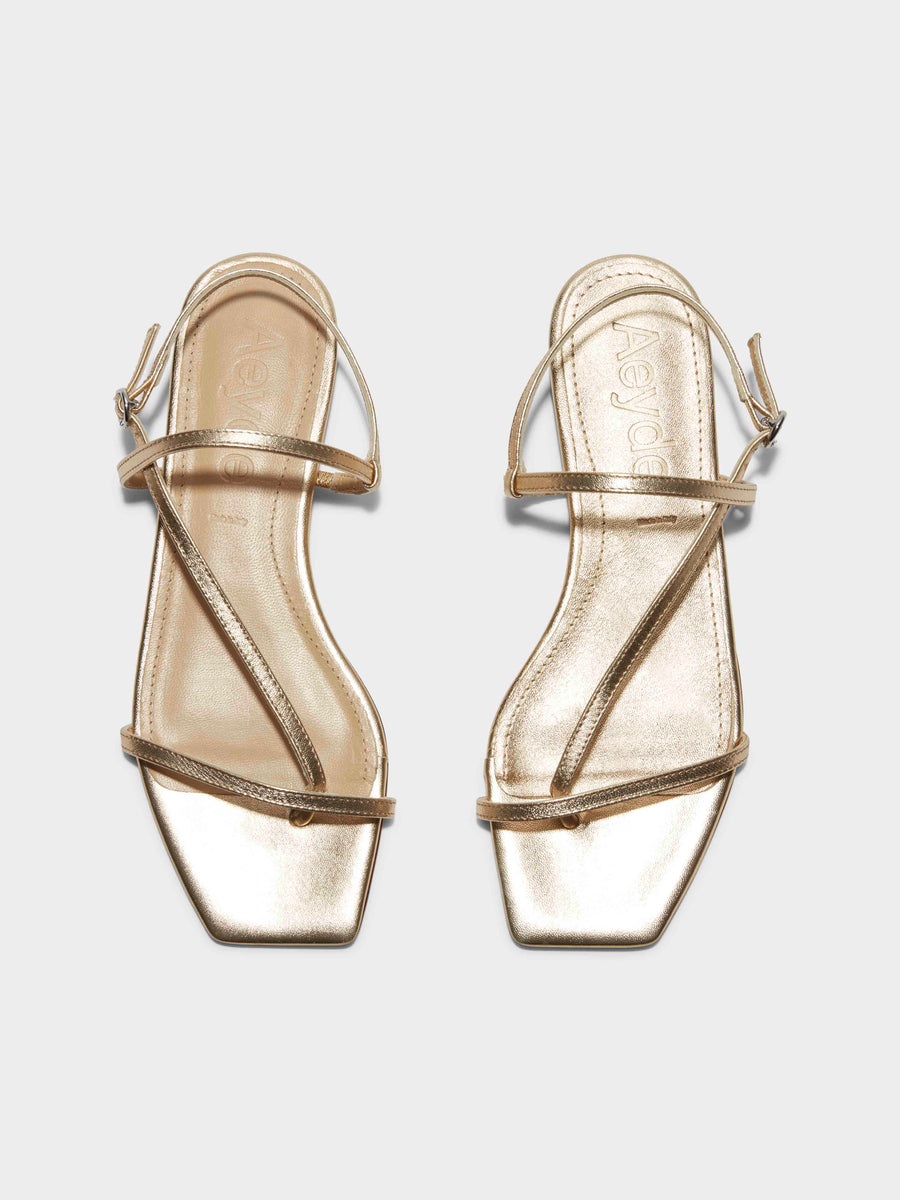 Aeyde | Ella Leather Flat Sandals for Women | Gold Nappa | Square Toe | Flat Heel | Front View [x=50,y=85]