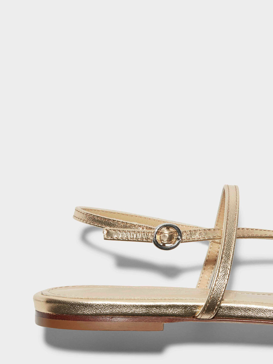 Aeyde | Ella Leather Flat Sandals for Women | Gold Nappa | Square Toe | Flat Heel | Heel Details [x=50,y=85]
