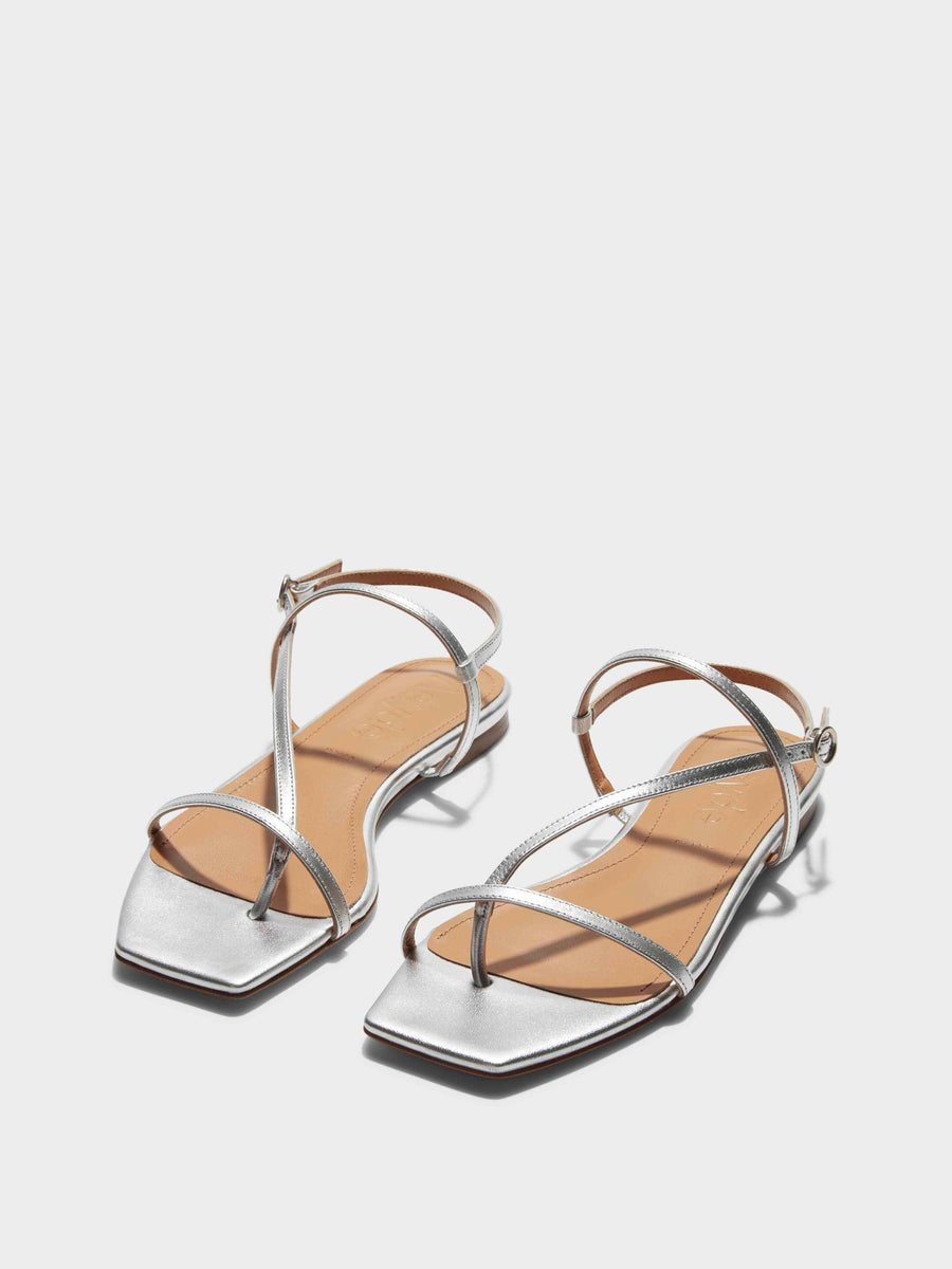 Aeyde | Ella Leather Flat Sandals for Women | Silver Nappa | Square Toe | Flat Heel | On Feet [x=50,y=85]
