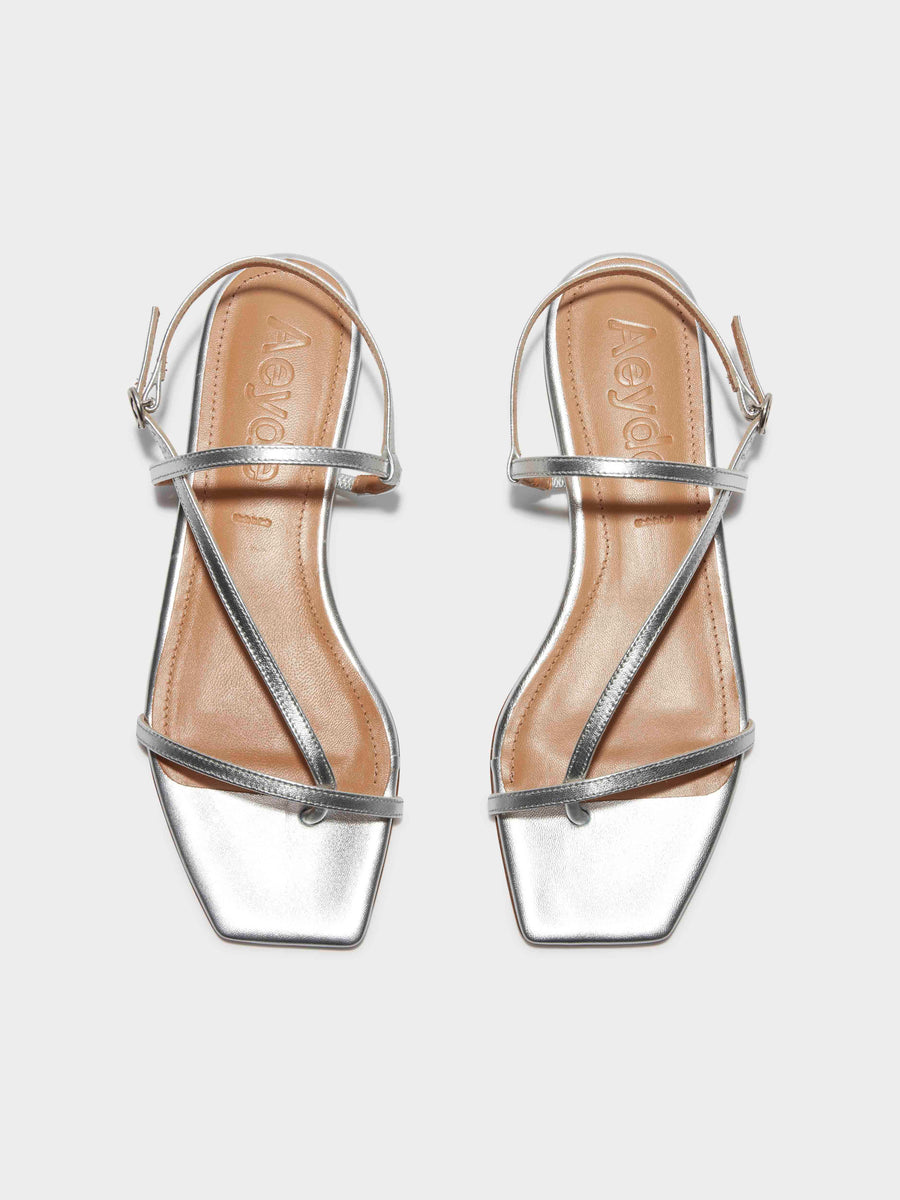 Aeyde | Ella Leather Flat Sandals for Women | Silver Nappa | Square Toe | Flat Heel | Front View [x=50,y=85]