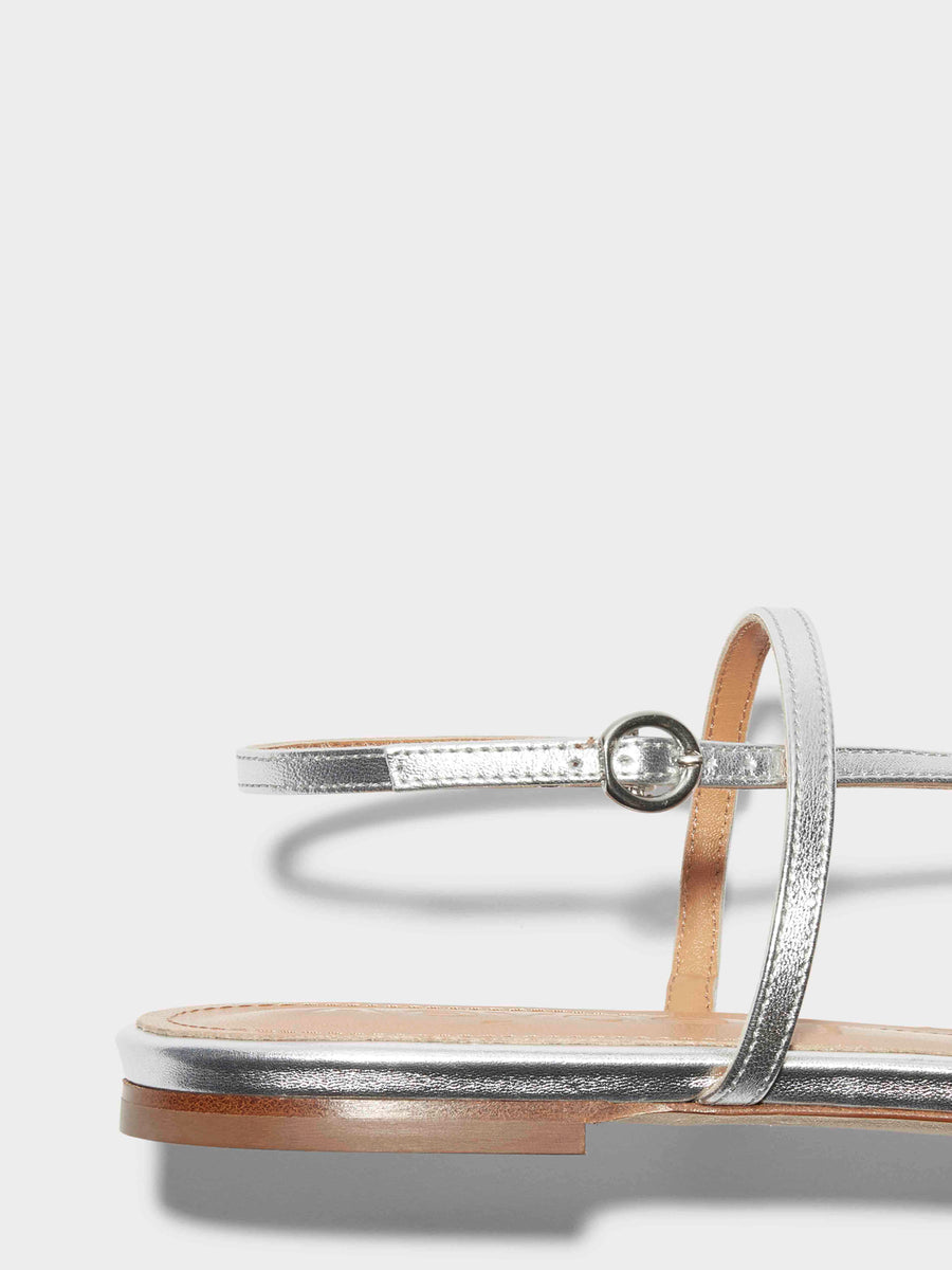Aeyde | Ella Leather Flat Sandals for Women | Silver Nappa | Square Toe | Flat Heel | Heel Details [x=50,y=85]