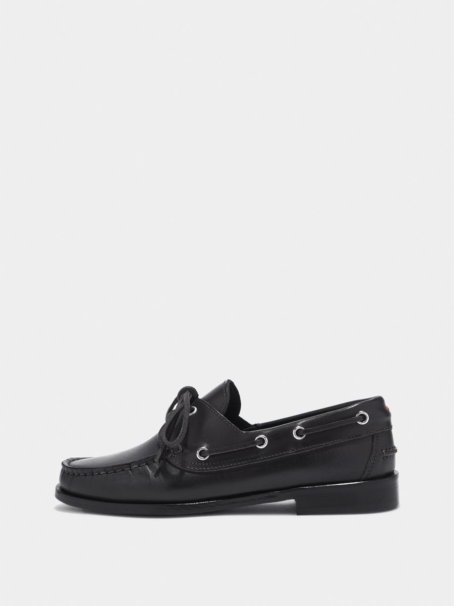 Aeyde | Harris Leather Flats for Women | Black Calf | Round Toe | Flat Heel | Side View [x=50,y=85]