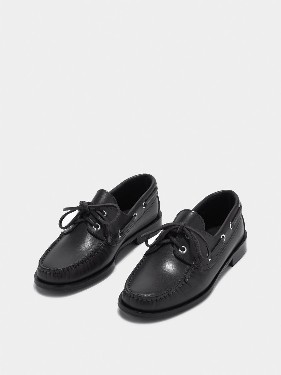 Aeyde | Harris Leather Flats for Women | Black Calf | Round Toe | Flat Heel | On Feet [x=50,y=85]
