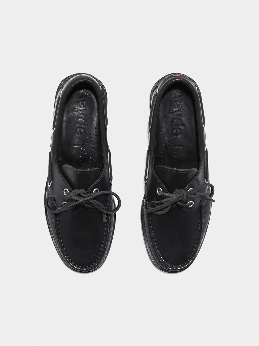Aeyde | Harris Leather Flats for Women | Black Calf | Round Toe | Flat Heel | Front View [x=50,y=85]