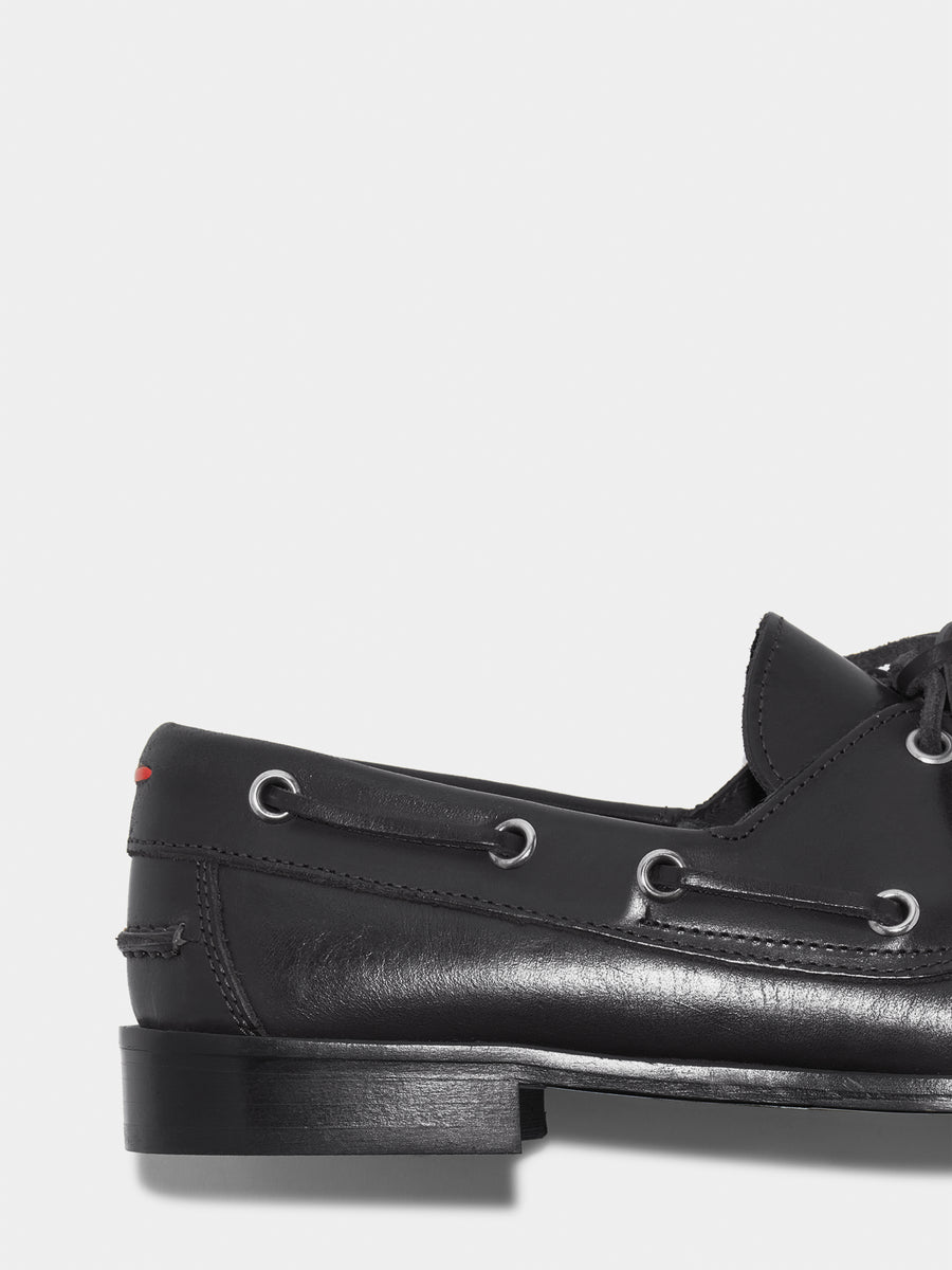 Aeyde | Harris Leather Flats for Women | Black Calf | Round Toe | Flat Heel | Heel Details [x=50,y=85]