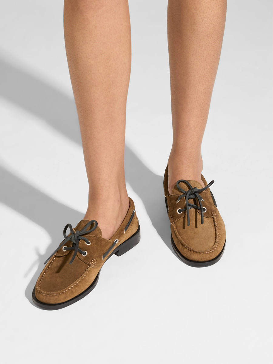 Aeyde | Harris Leather Flats for Women | Tobacco Suede | Round Toe | Flat Heel | On Feet