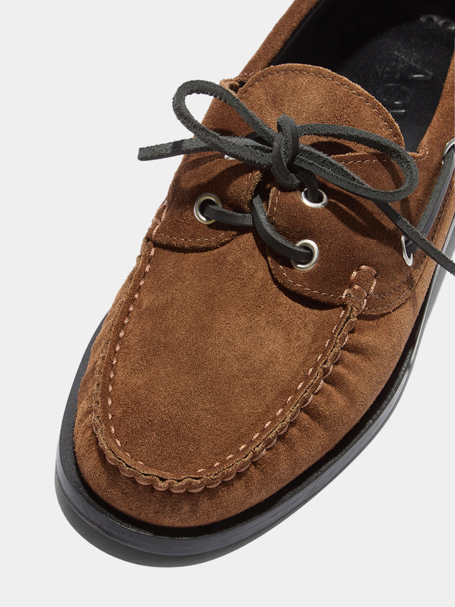 Aeyde | Harris Leather Flats for Women | Tobacco Suede | Round Toe | Flat Heel | Heel Details
