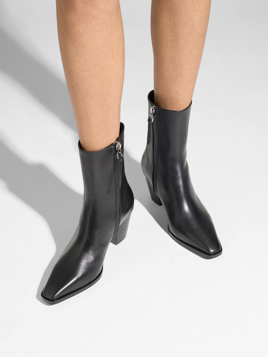 Aeyde | Hedvig Leather Ankle Boots for Women | Black Calf | Pointed Toe | Mid Heel | On Feet