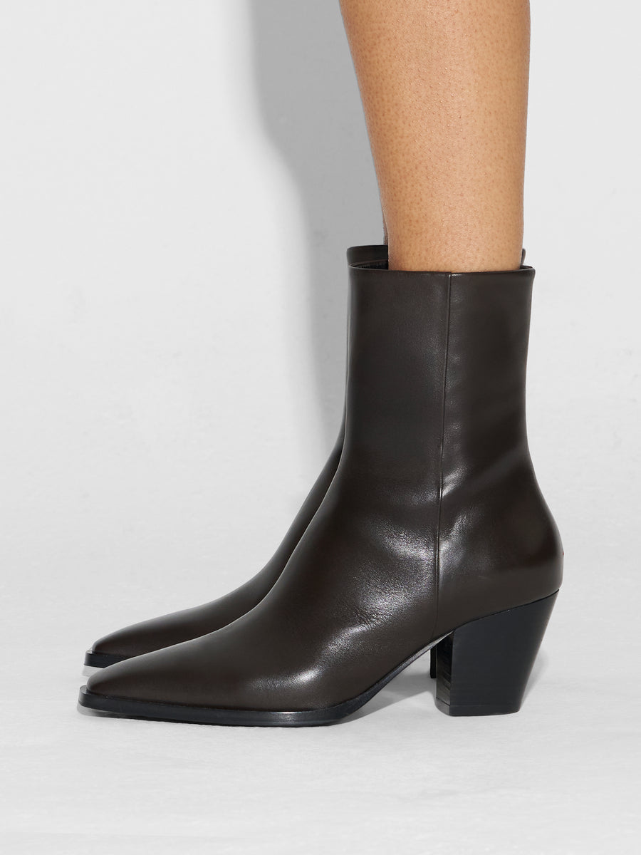 Aeyde | Hedvig Leather Ankle Boots for Women | Moka Calf | Pointed Toe | Mid Heel | How to Style