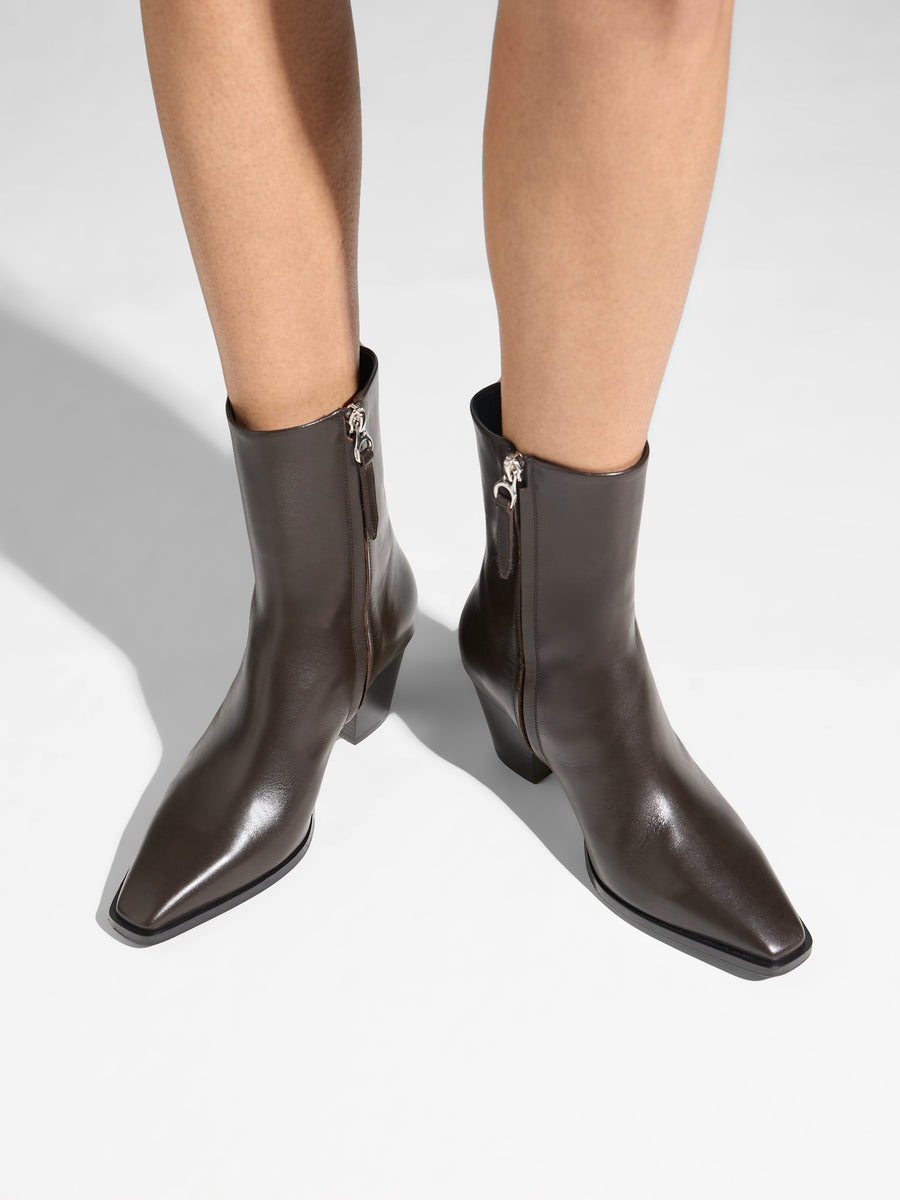 Aeyde | Hedvig Leather Ankle Boots for Women | Moka Calf | Pointed Toe | Mid Heel | On Feet