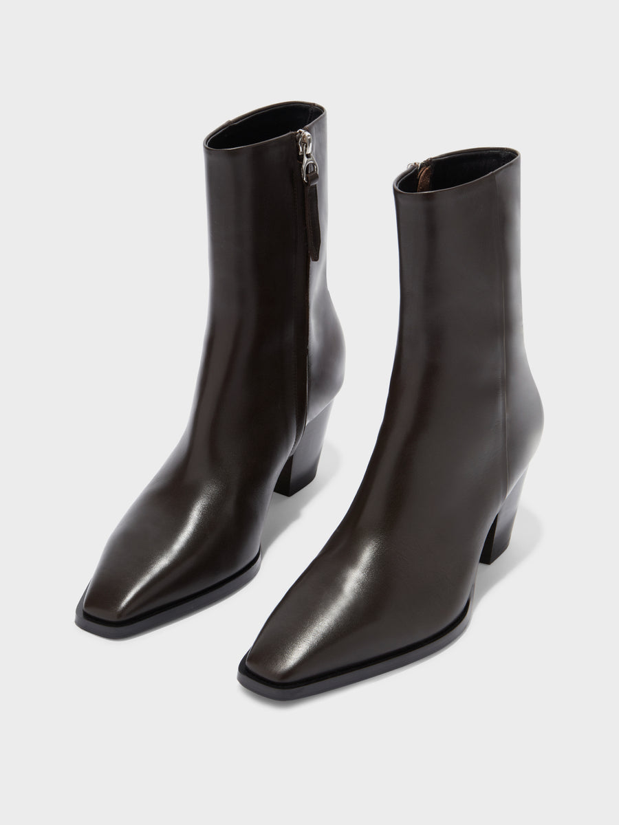 Aeyde | Hedvig Leather Ankle Boots for Women | Moka Calf | Pointed Toe | Mid Heel | Luxury Materials | Handmade in Italy