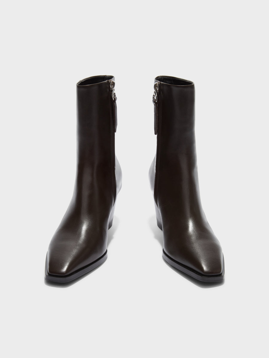 Aeyde | Hedvig Leather Ankle Boots for Women | Moka Calf | Pointed Toe | Mid Heel | Front View