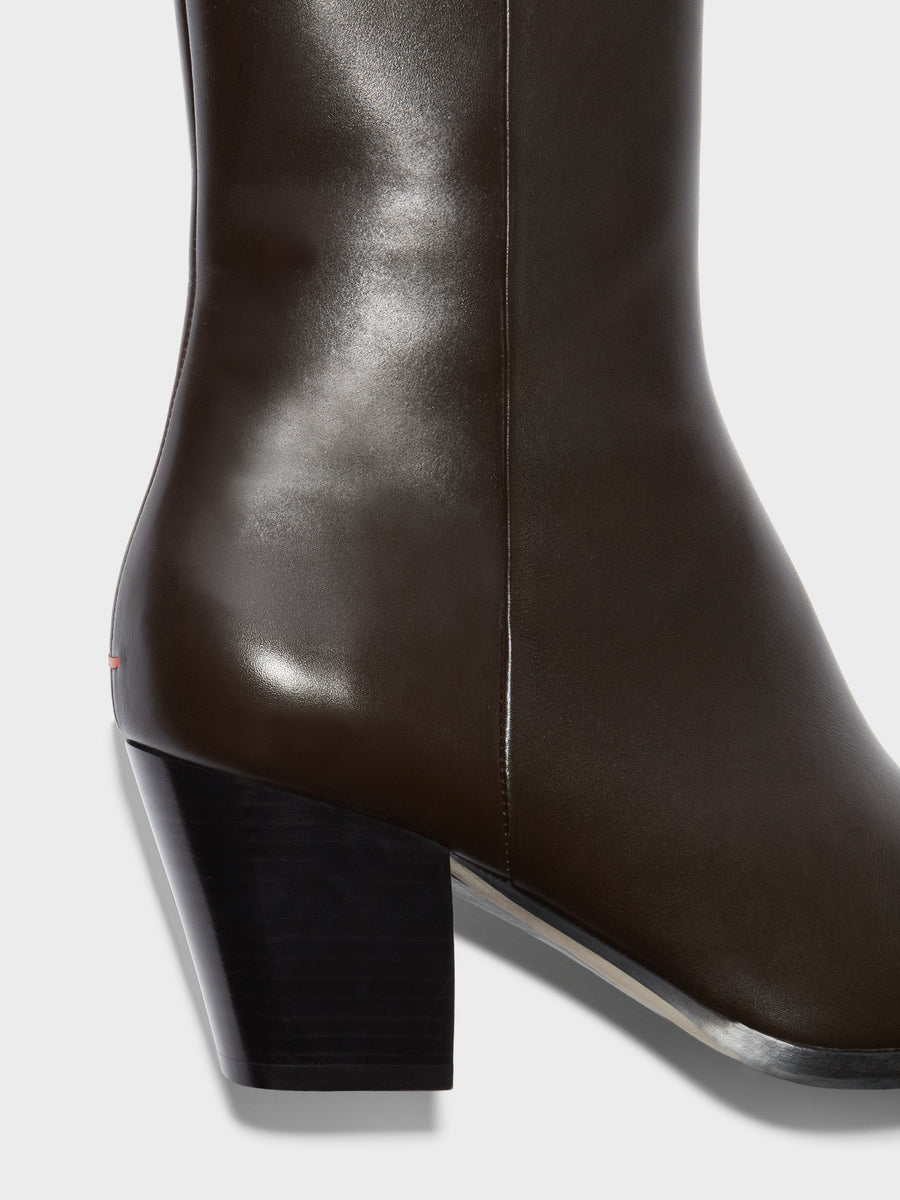 Aeyde | Hedvig Leather Ankle Boots for Women | Moka Calf | Pointed Toe | Mid Heel | Heel Details