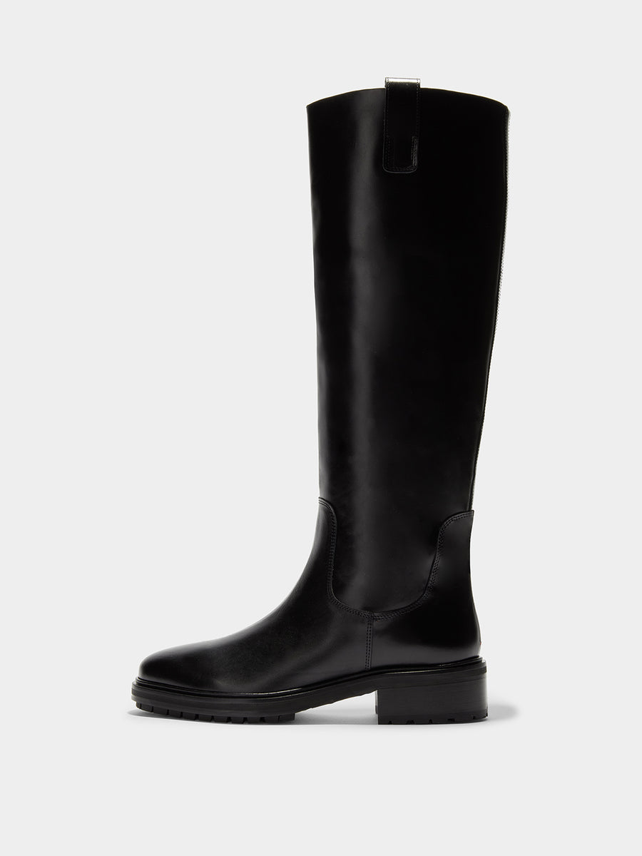 Aeyde | Henry Leather Knee High Boots for Women | Black Calf | Round Toe | Low Heel | Side View [x=50,y=40]