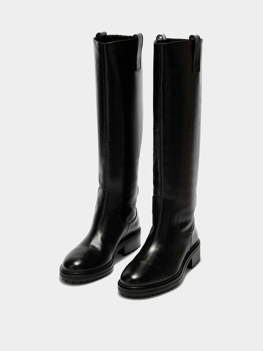 Aeyde | Henry Leather Knee High Boots for Women | Black Calf | Round Toe | Low Heel | On Feet [x=50,y=40]