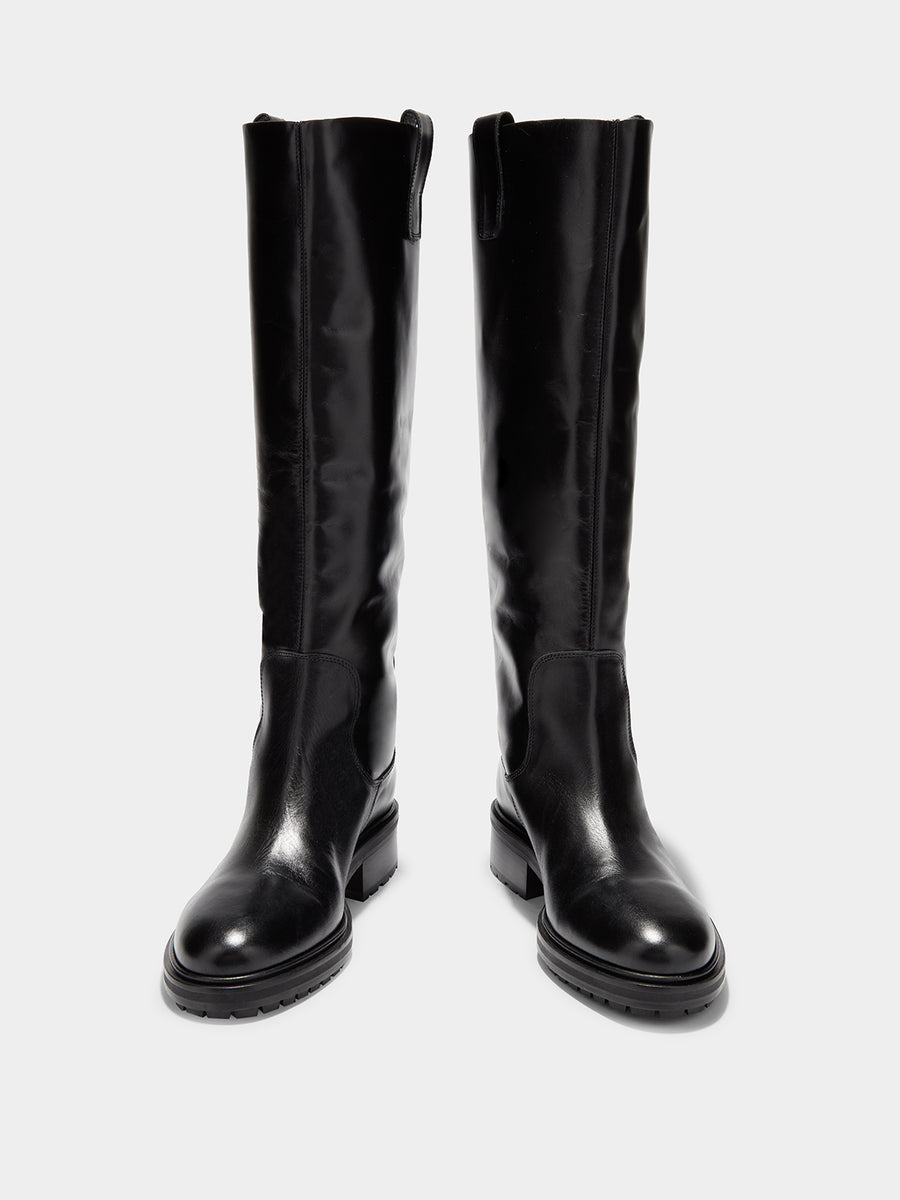 Aeyde | Henry Leather Knee High Boots for Women | Black Calf | Round Toe | Low Heel | Front View [x=50,y=40]