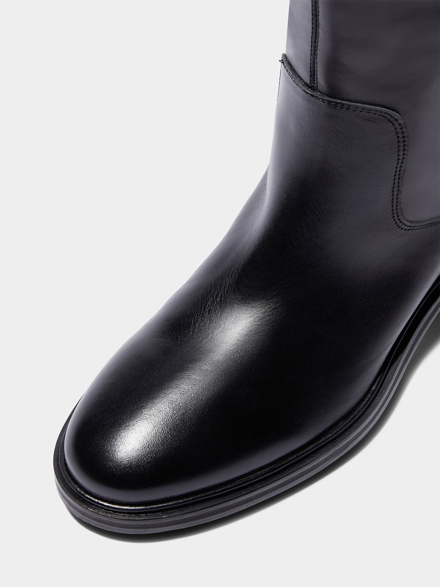 Aeyde | Henry Leather Knee High Boots for Women | Black Calf | Round Toe | Low Heel | Luxury Materials | Handmade in Italy [x=50,y=40]