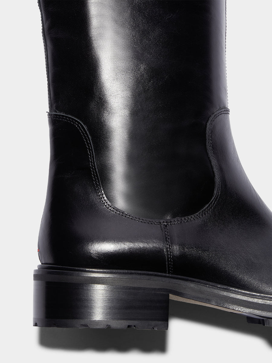 Aeyde | Henry Leather Knee High Boots for Women | Black Calf | Round Toe | Low Heel | Heel Details [x=50,y=40]