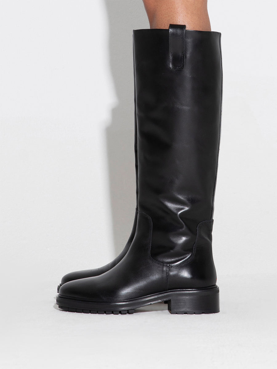 Aeyde | Henry Leather Knee High Boots for Women | Black Calf | Round Toe | Low Heel | How to Style [x=50,y=40]