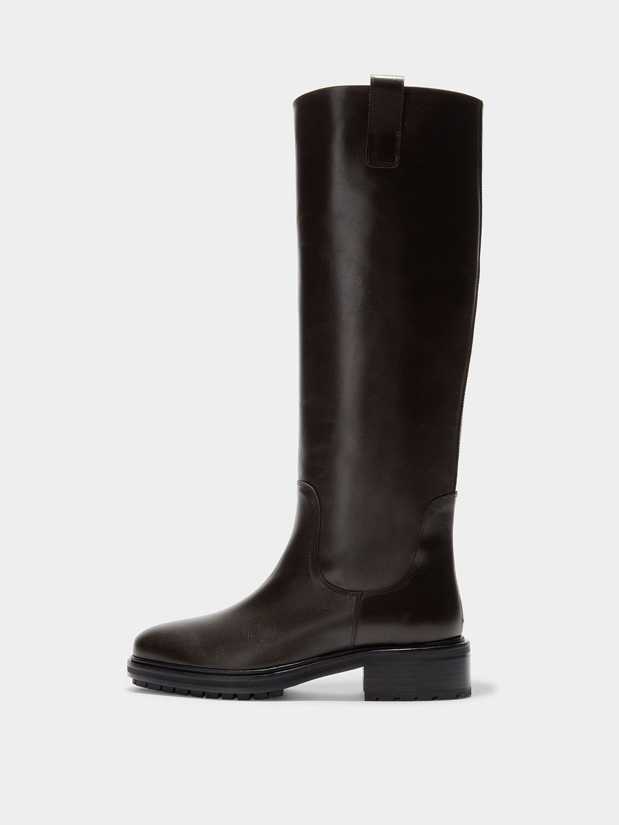 Aeyde | Henry Leather Knee High Boots for Women | Moka Calf | Round Toe | Low Heel | Side View [x=50,y=40]