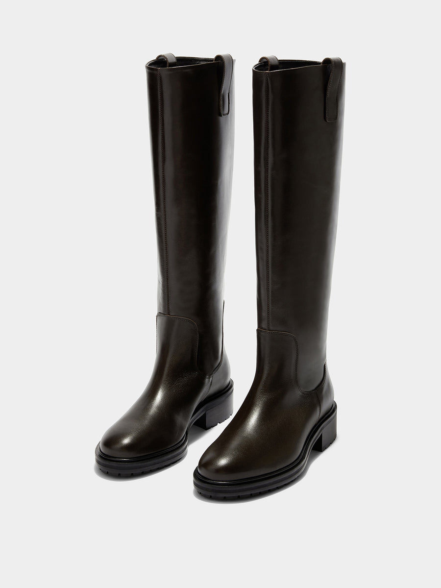 Aeyde | Henry Leather Knee High Boots for Women | Moka Calf | Round Toe | Low Heel | On Feet [x=50,y=40]