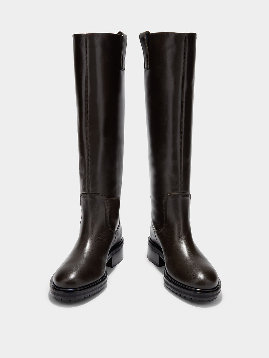 Aeyde | Henry Leather Knee High Boots for Women | Moka Calf | Round Toe | Low Heel | Front View [x=50,y=40]