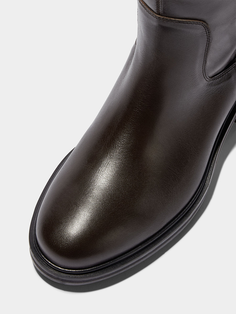 Aeyde | Henry Leather Knee High Boots for Women | Moka Calf | Round Toe | Low Heel | Luxury Materials | Handmade in Italy [x=50,y=40]